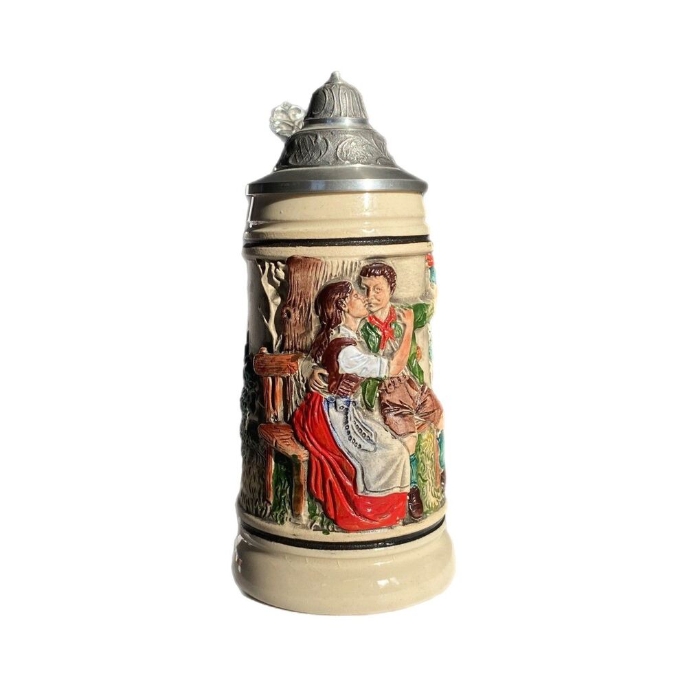 Vintage 5.75” German Beer Stein Featuring Romantic Theme Relief Scene Pewter Lid